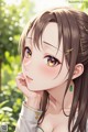 Anime girl with long brown hair and green earrings.