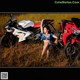 A woman in a bikini sitting next to two motorcycles.