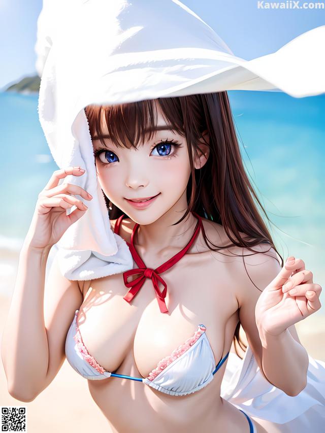 A woman in a bikini and a white hat on the beach.