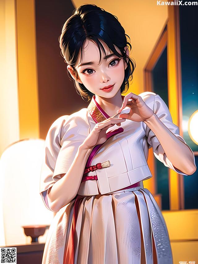 A woman in a white kimono holding a pair of chopsticks.