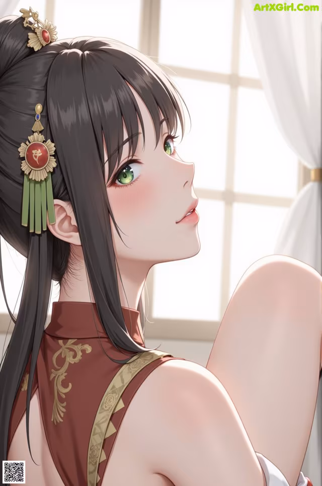 A woman with long black hair and green eyes sitting in front of a window.